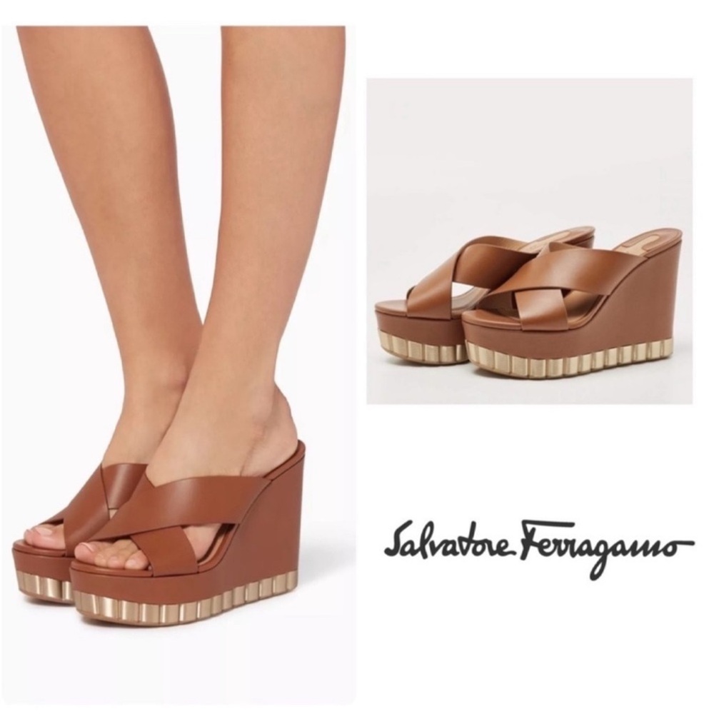 New! Salvatore Ferragamo Nicosia Wedge Platform Sandals in Brown Leather - Picture 5 of 14
